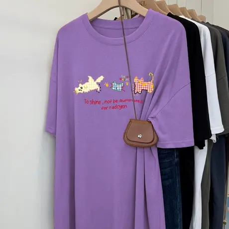 韩系大码穿搭纯棉短袖t恤女高级感独特别致紫色上衣ins潮复古超火商品大图