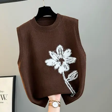 无袖马甲2025秋冬新款韩版提花花朵圆领针织设计洋气宽松遮肉背心图片