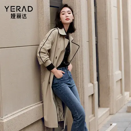 娅丽达商场同款撞色边长款风衣女2025春秋新款法式英伦风气质外套商品大图