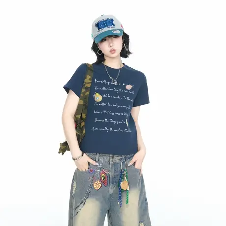 2025夏季新款美式辣妹风短款正肩修身圆领印花短袖T恤女半袖上衣商品大图