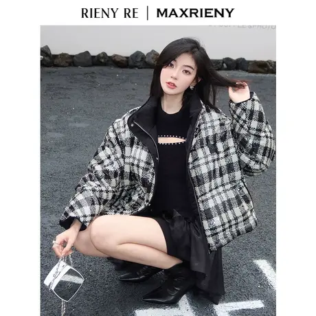 RIENYRE羽绒服女冬季新黑白格纹立领大衣直筒加厚短款面包羽绒服商品大图