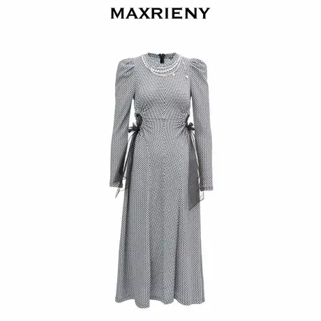 【奥莱】MAXRIENY千鸟格长裙秋季黑白格纹连衣裙复古商品大图