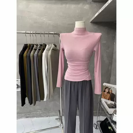 奶油粉～韩式半高领打底长袖T恤女螺纹修身显瘦内搭上衣2022春夏图片