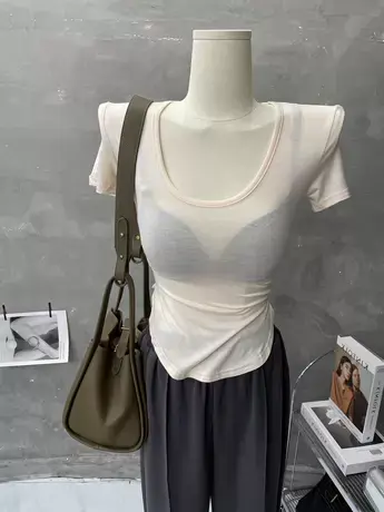 轻薄舒适～显胸大微透U领短袖T恤女侧开叉紧身打底衫上衣春夏2022商品大图