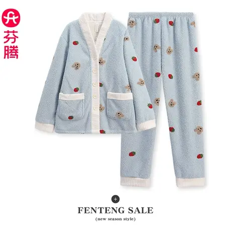 芬腾珊瑚绒睡衣女秋冬保暖加厚加绒法兰绒V领休闲甜美家居服套装商品大图