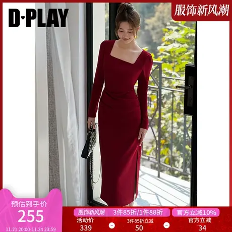 DPLAY秋新法式复古果酱红方领捏褶侧开衩连衣裙订婚服敬酒服商品大图