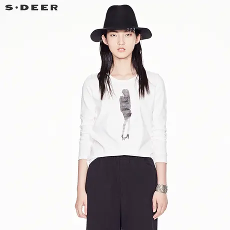sdeer圣迪奥2018春装抽象人物剪影印花圆领全棉T恤S17380293图片