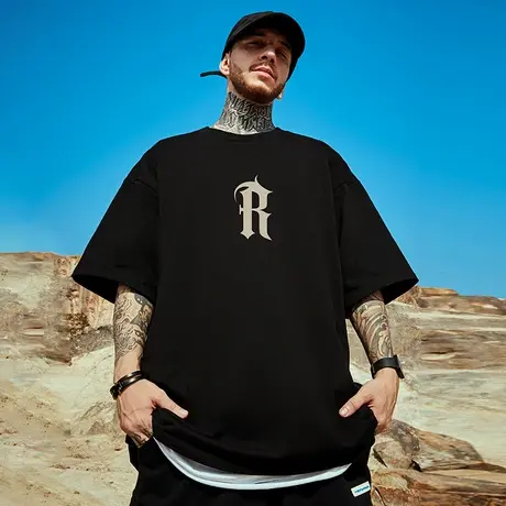 300g重磅美式字母印花短袖t恤街头大码男装圆领纯棉简约半袖潮流商品大图