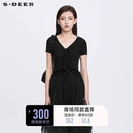 sdeer圣迪奥夏装上衣女优雅V领抽褶堆叠修身黑色针织衫S22283509🤨商品大图