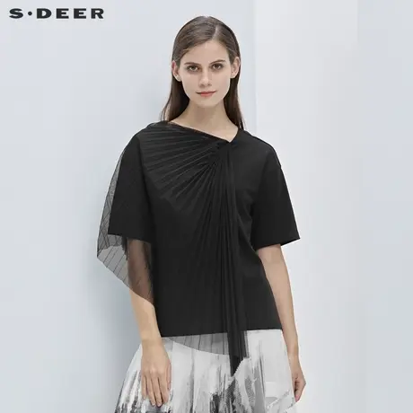 【直播间赠品】S·DEER圣迪奥圆领百褶网纱拼接短袖T恤S21280197图片