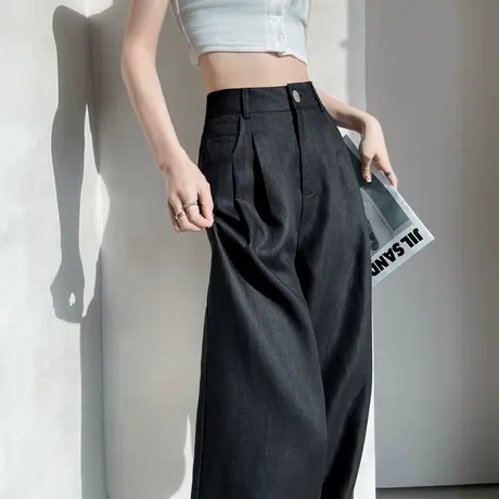 亚麻休闲阔腿西装裤女夏季薄款高腰宽松小个子冰丝棉麻垂感拖地裤商品大图