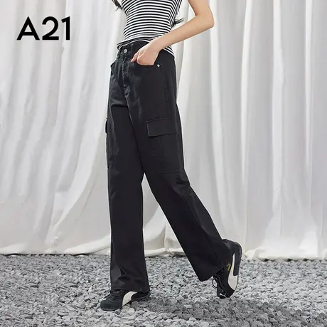 A21女装黑色大口袋宽松工装休闲裤阔腿裤高腰长裤图片
