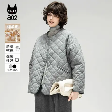 a02【ET自然】绵羊毛宽松外套女baggy风2025开春毛呢菱格棉服上衣商品大图