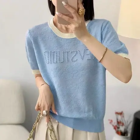 夏季薄款设计感小众冰丝针织短袖女t恤夏2025新款高级感半袖上衣图片