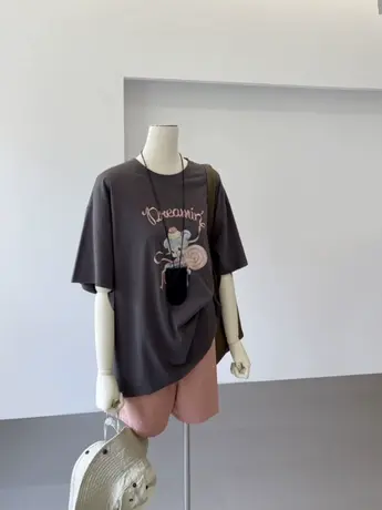 2024夏季新款韩版卡通宽松T恤女圆领纯色字母雪花棉凉感短袖上衣商品大图