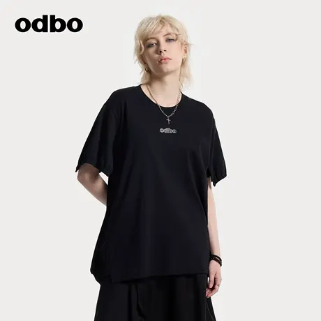 odbo/欧迪比欧圆领半袖t恤女夏季开叉宽松上衣落肩不规则设计短袖图片