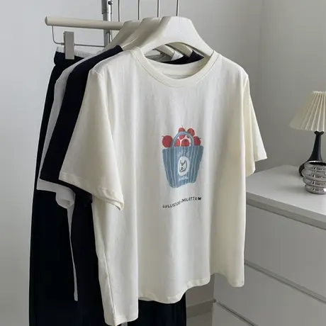 韩系减龄水果篮印花短袖T恤女薄款透气雪花棉宽松圆领垂感上衣夏商品大图