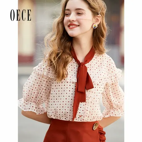 Oece春夏新款复古波点减龄花边系带喇叭袖雪纺衫衬衫商品大图