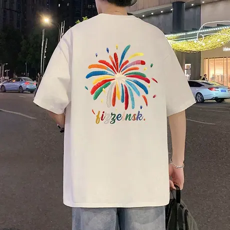 美式潮牌烟花短袖T恤男夏季新款潮潮牌上衣重磅纯棉圆领落肩体恤图片