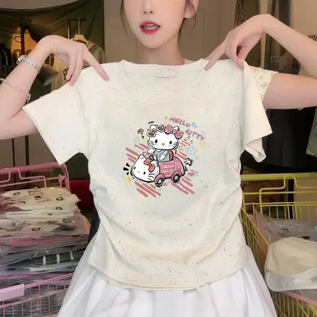 圆领新款彩虹波点修身短袖t恤女夏季高级感正肩短袖褶皱收腰上衣商品大图