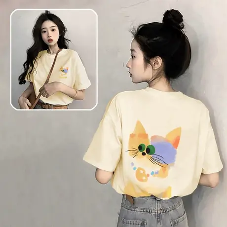 杏色纯棉可爱猫咪短袖t恤女2025新款爆款夏季时尚百搭宽松上衣潮商品大图