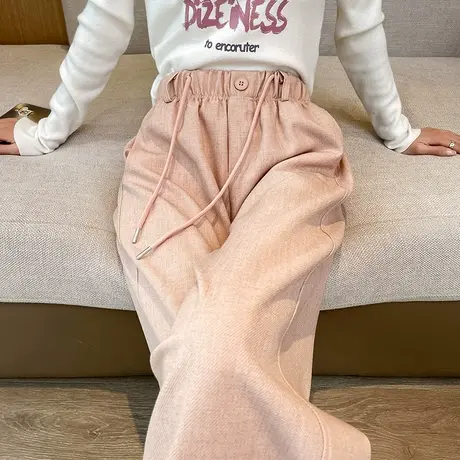 棉麻粉色阔腿休闲裤女2025春秋薄款高腰宽松垂感直筒亚麻拖地长裤图片