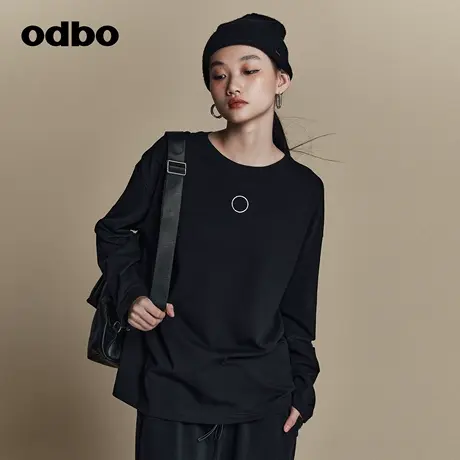 odbo/欧迪比欧原创设计休闲圆领长袖黑色T恤女夏季新款上衣图片
