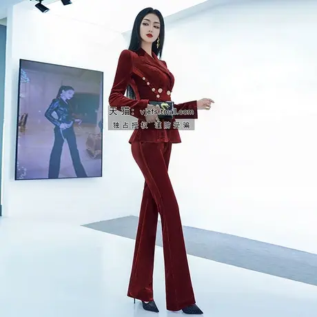 VJE女王范正装丝绒套装新款时尚设计感拼接西装外套微喇叭裤商品大图