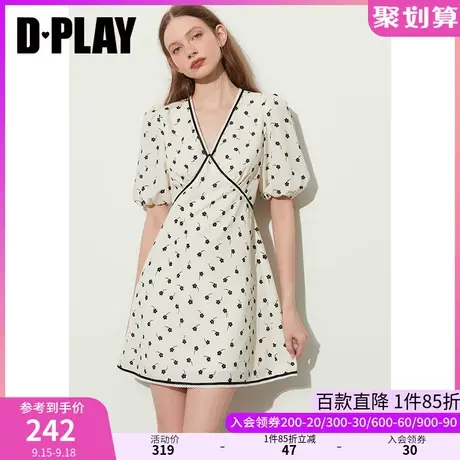 DPLAY2023夏新法式甜美少女感撞色织带杏底黑花蕾丝花边连衣裙图片