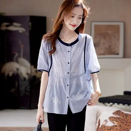 宝诗黎圆领刺绣条纹短袖衬衫2025夏季韩系时尚气质减龄棉质衬衣图片