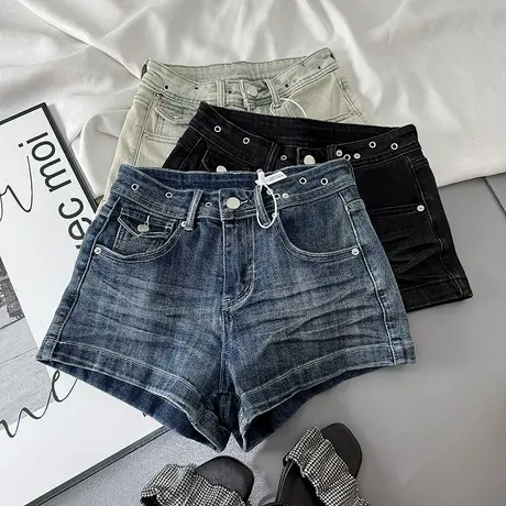 潮流辣妹简约高腰牛仔短裤2025夏季女装新款弹力紧身包臀a字热裤商品大图