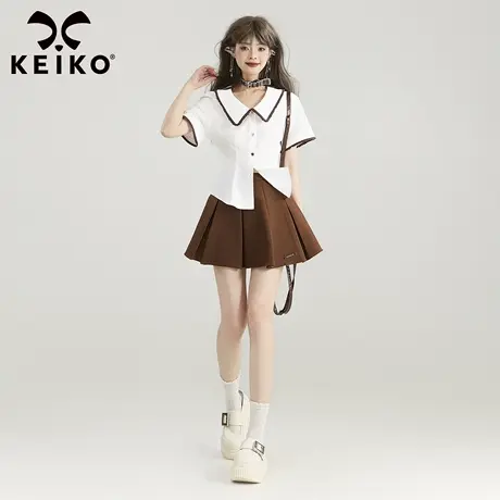 KEIKO 学院风白色翻领短袖衬衫女25夏季通勤法式漂亮打褶收腰上衣商品大图