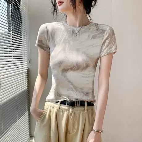 正肩别致扎染短袖T恤女2025新款春夏小众设计感修身收腰圆领上衣图片