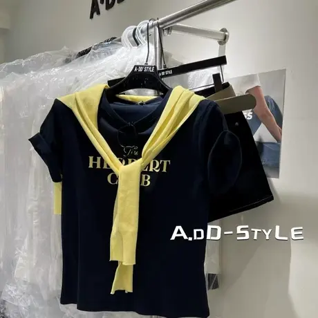 韩国东大门夏新款时髦撞色字母短袖T恤女设计感小众百搭半袖上衣商品大图