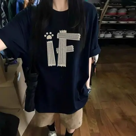 美式复古短袖T恤女夏季宽松韩版内搭外穿打底衫bf原宿风纯棉上衣商品大图