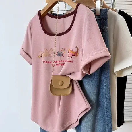 超火cec法式方领T恤女大码短款短袖ins潮正肩辣妹独特多巴胺上衣商品大图