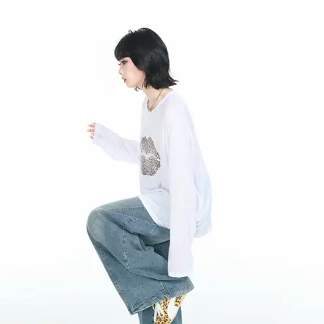 美式复古莱赛尔天丝印花长袖T恤女夏季薄款防晒罩衫宽松微透上衣图片