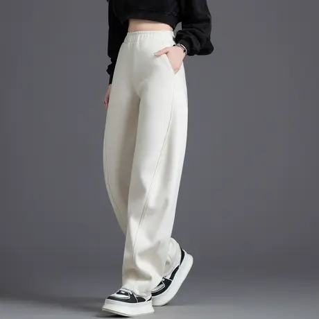 米白色裤子女秋冬加厚加绒休闲香蕉裤羊毛裤萝卜裤松紧高腰毛呢裤商品大图