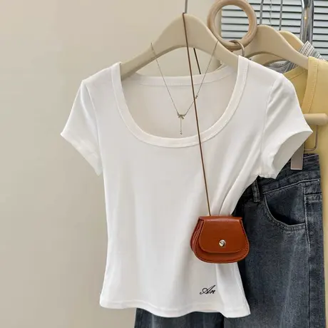 2025夏季新款正肩U领短袖T恤女修身韩版短款小个子刺绣半袖上衣潮商品大图