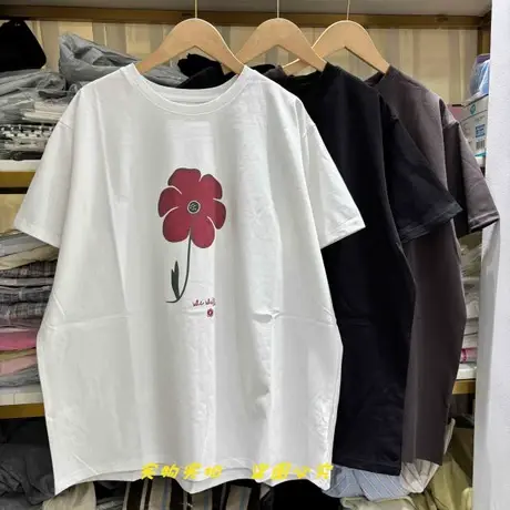 凉感雪花棉中长款圆领短袖T恤女宽松大版花朵印花减龄休闲上衣夏商品大图