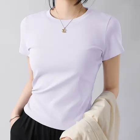 KV真维斯正肩短袖t恤女2025新款夏 紫色内搭打底圆领修身紧身上衣图片
