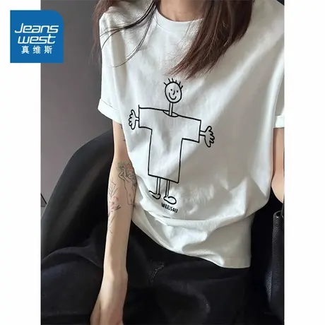 G2真维斯女装2025夏季新款cleanfit卡通印花重磅纯棉宽松短袖T恤商品大图