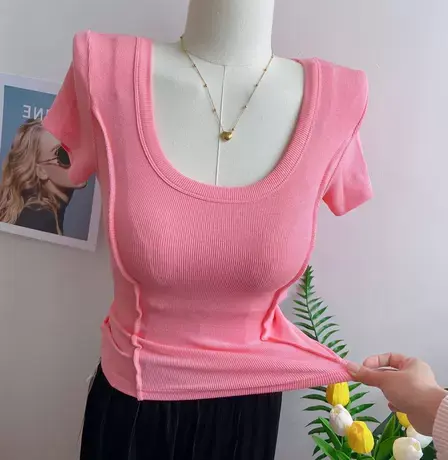 玫粉色紧身U领弹力显胸大短袖T恤女糖果色鱼骨收腰显瘦包身上衣夏商品大图