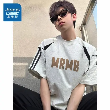 G2真维斯2025夏季新款重磅纯棉圆领休闲上衣插肩撞色拼接短T男商品大图