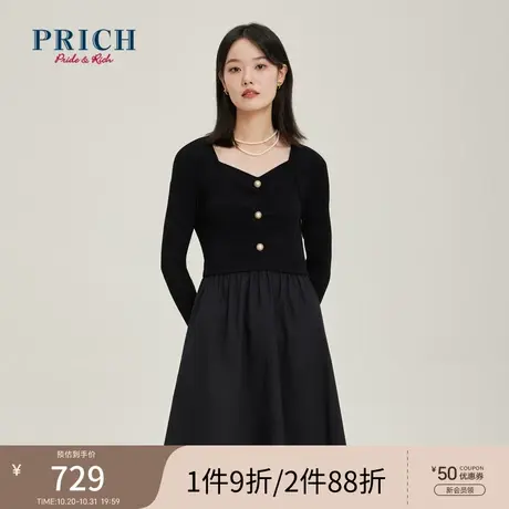 PRICH连衣裙新品秋冬新款复古赫本风假两件式针织方领X型小黑裙图片