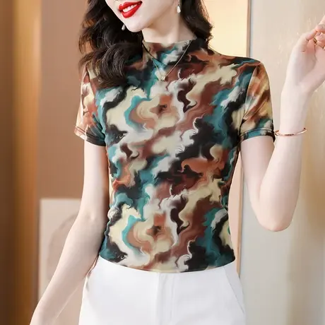 复古立领短袖T恤女士夏装2024新款气质减龄网纱小衫时尚印花上衣商品大图