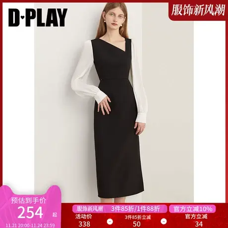 DPLAY新法式赫本风经典黑拼白不对称领侧开衩礼服裙小黑裙商品大图