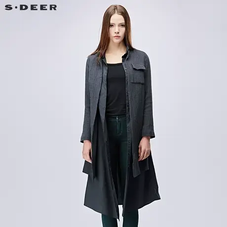 sdeer圣迪奥2019春装简约肌理棉麻拼接假两件风衣外套女S17181801图片