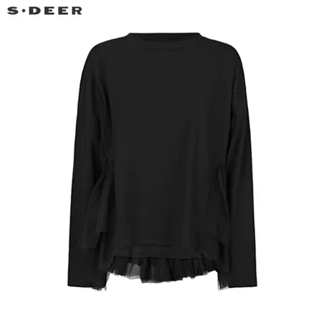 sdeer圣迪奥女22春夏新品圆领抽褶网纱拼接宽松黑色T恤S221Z0201图片