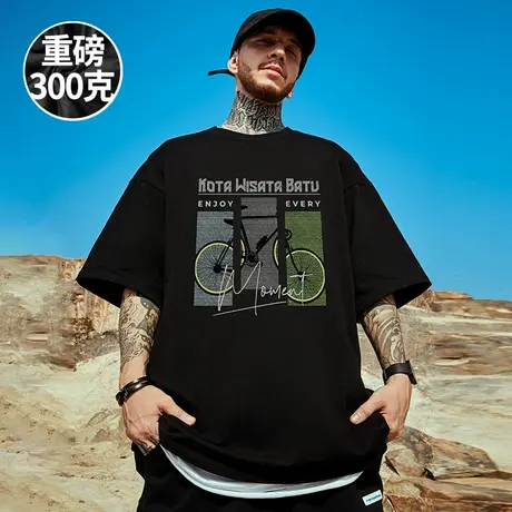 2025新款短袖t恤街头大码男装圆领纯棉加肥加大国潮300g重磅半袖商品大图